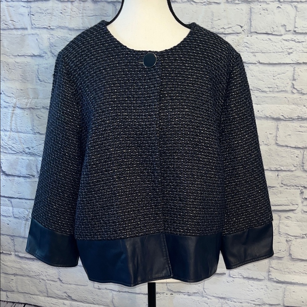 Chico’s Tweed Swing Blazer Jacket Metallic Threads Faux Leather Trim Blue